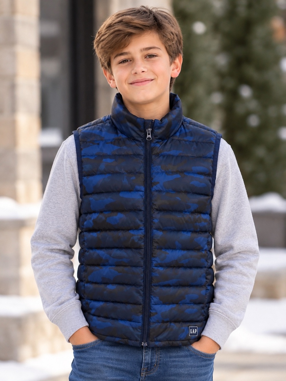 GAP Kids Boys L (10–11) PrimaLoft Camo Puffer Vest | Blue & Black